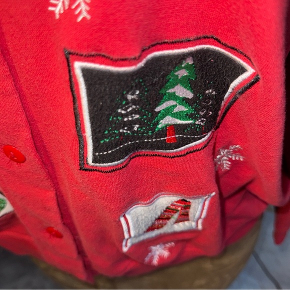 Holiday Traditions Red Grandma Cardigan w/ Christmas patches, snowman & tree XL - Picture 5 of 11